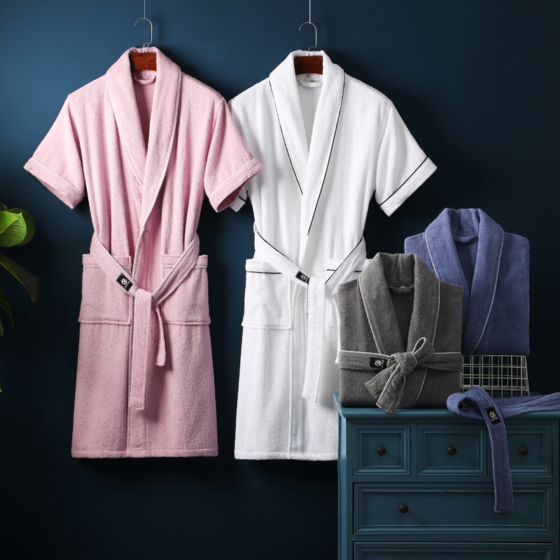 Cotton bathrobe men's and women's short sleeve long hotel cotton nightgown spring and summer absorbent quick-drying couple bathrobe wholesale