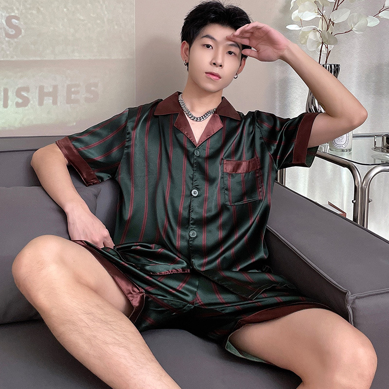 Plus size plus size men's pajamas Ice Silk short-sleeved shorts summer lapel fat fat loose homewear