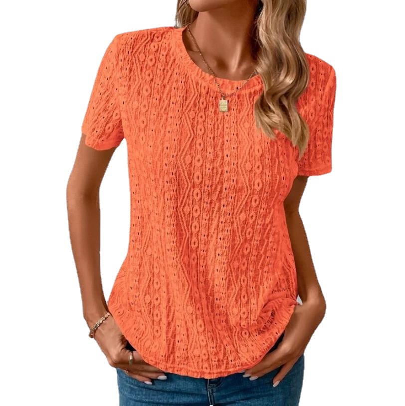 Amazon 2023 European and American Foreign Trade Cross-border Women's Summer Comfortable and Fresh and Sweet Round Neck Hollow Short-sleeved T-shirt for Women