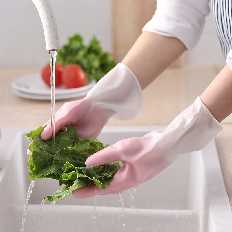 Transparent white two-color gloves dishwashing gloves women's kitchen rubber latex laundry waterproof plastic rubber household brush Bowl