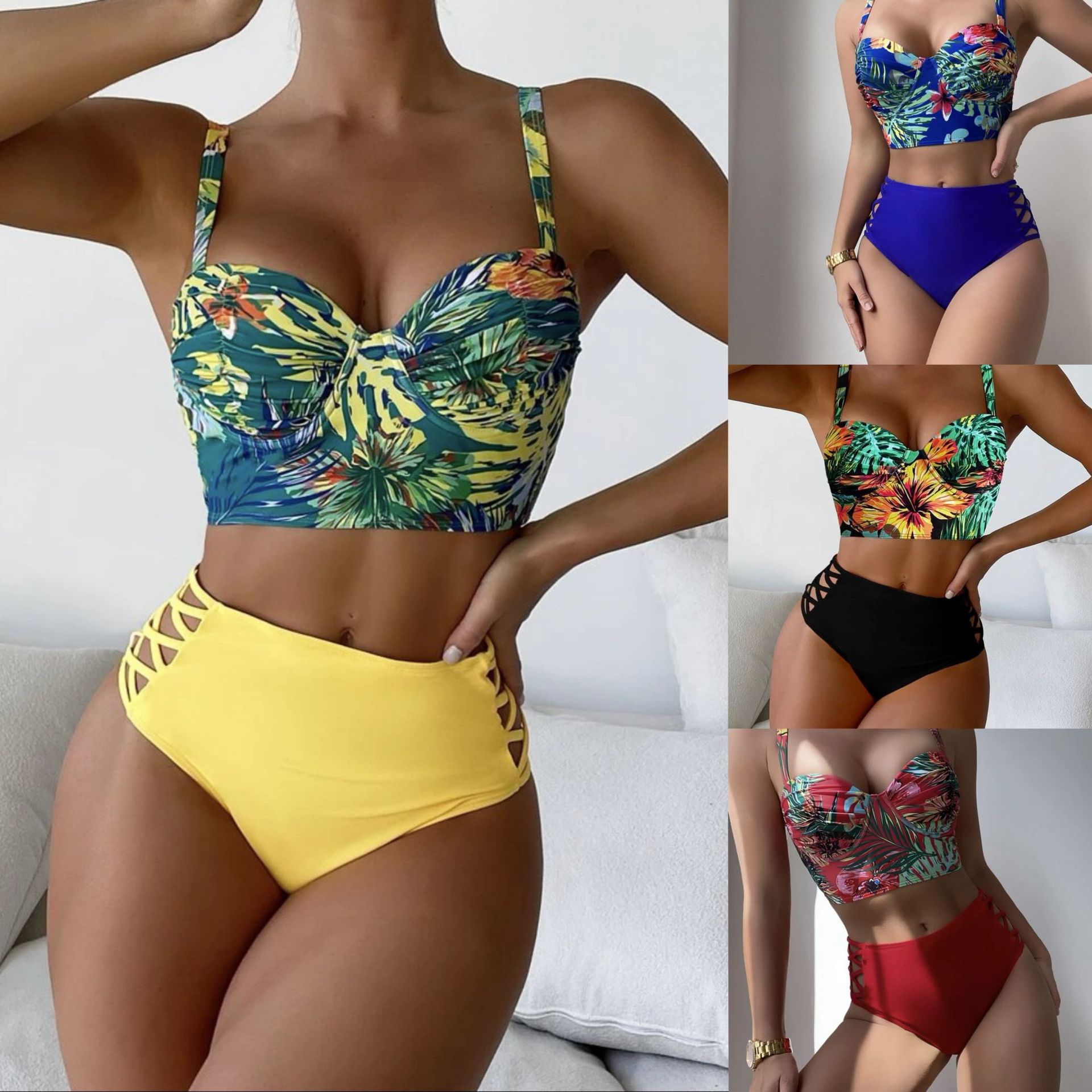 2024 European and American new sexy hard cup steel bracket printed split swimsuit bikini cross-border AliExpress wholesale hot sale