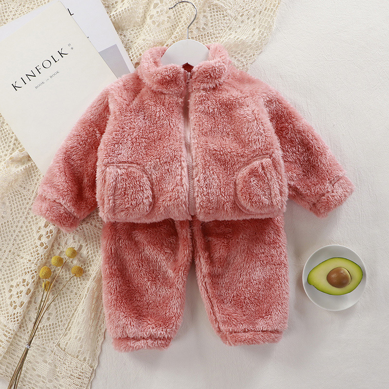 Children's Suit Autumn and Winter Boys and Girls Plush Warm Clothes Baby Solid Color Fashion Home Clothes Zipper Two-piece Set