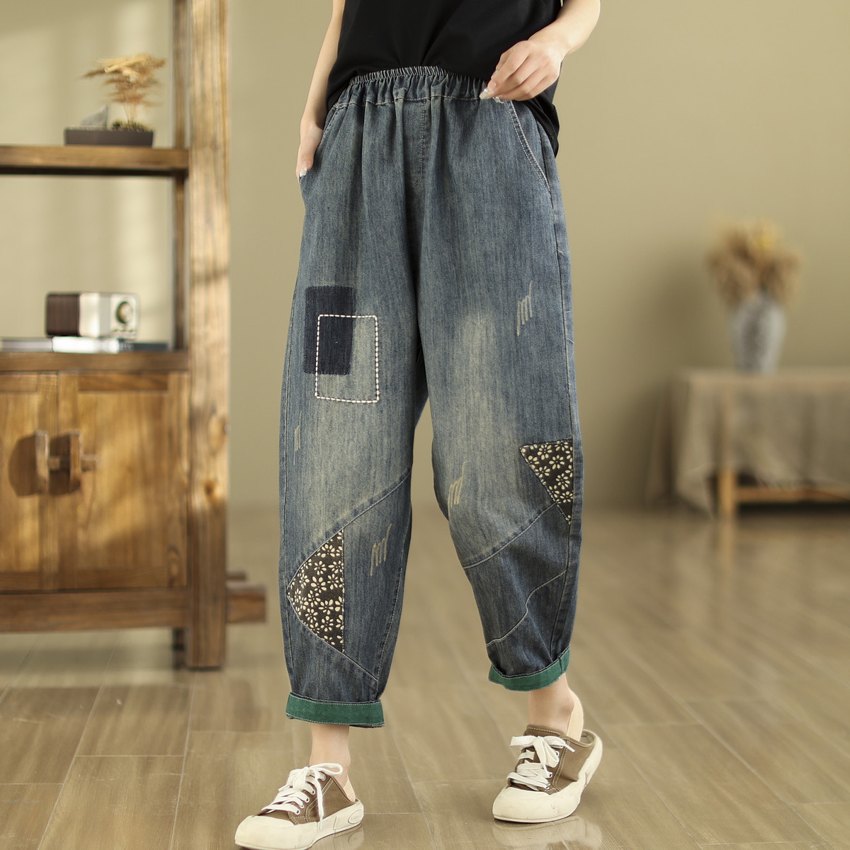Spring and Summer new loose artistic retro jeans cropped harem pants stitching contrast color daddy pants for women