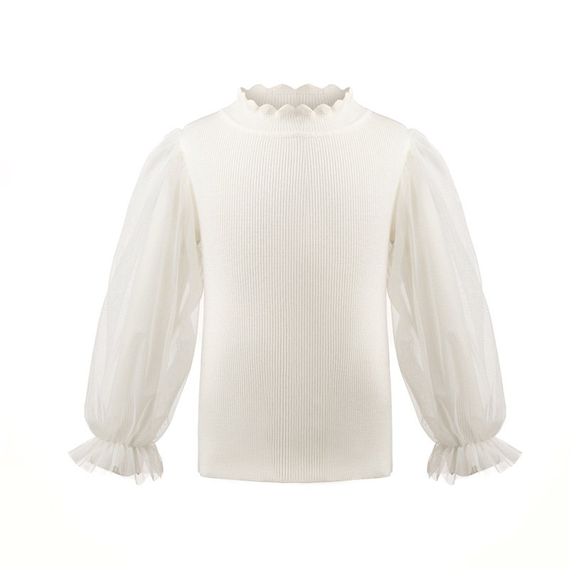 Bubble Sleeve Cotton White Base Shirt Autumn and Winter Sweater Women's Children's Wear Baby's Western Style Children's Long Sleeve Half High Collar