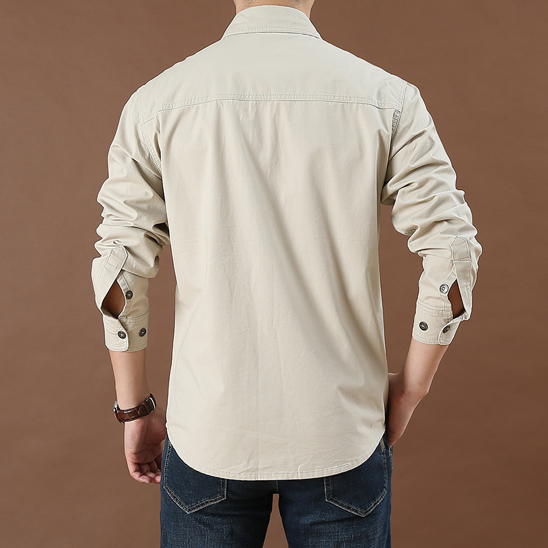Men's casual loose long-sleeved shirt New plus size solid color young and middle-aged shirt autumn workwear pocket