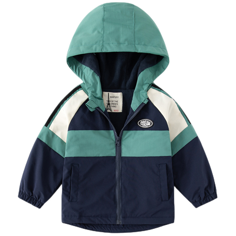 2023 new autumn boys thick coat baby windproof hooded jacket Korean color matching charge clothes children Wholesale