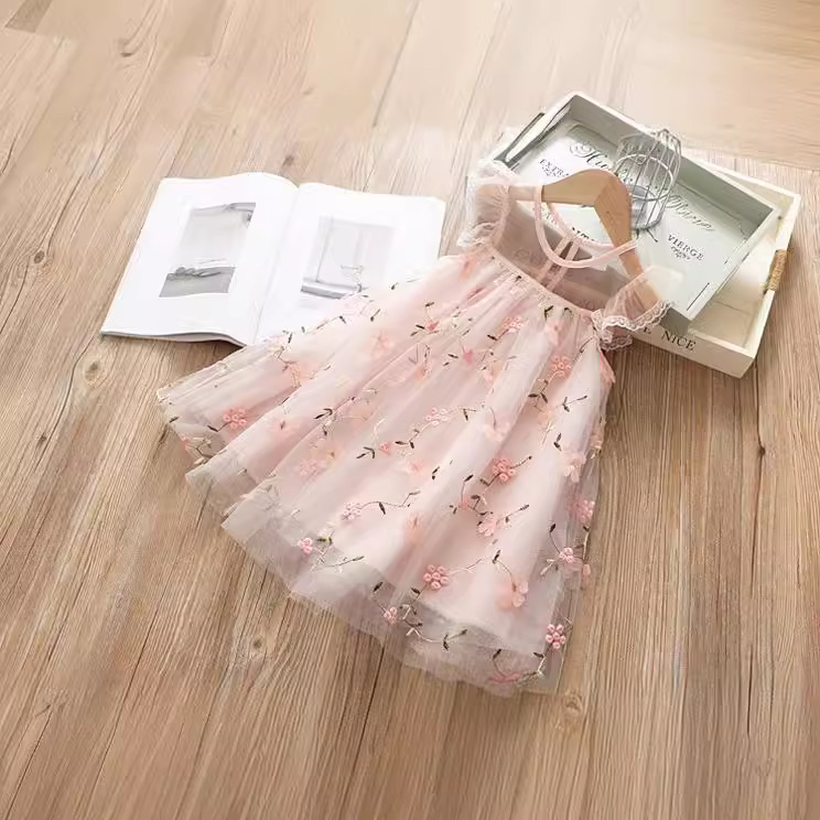 Summer 2024 Children's Three-Dimensional Flower Mesh Dress Korean Style Girl's Baby Vest A- line Princess Dress
