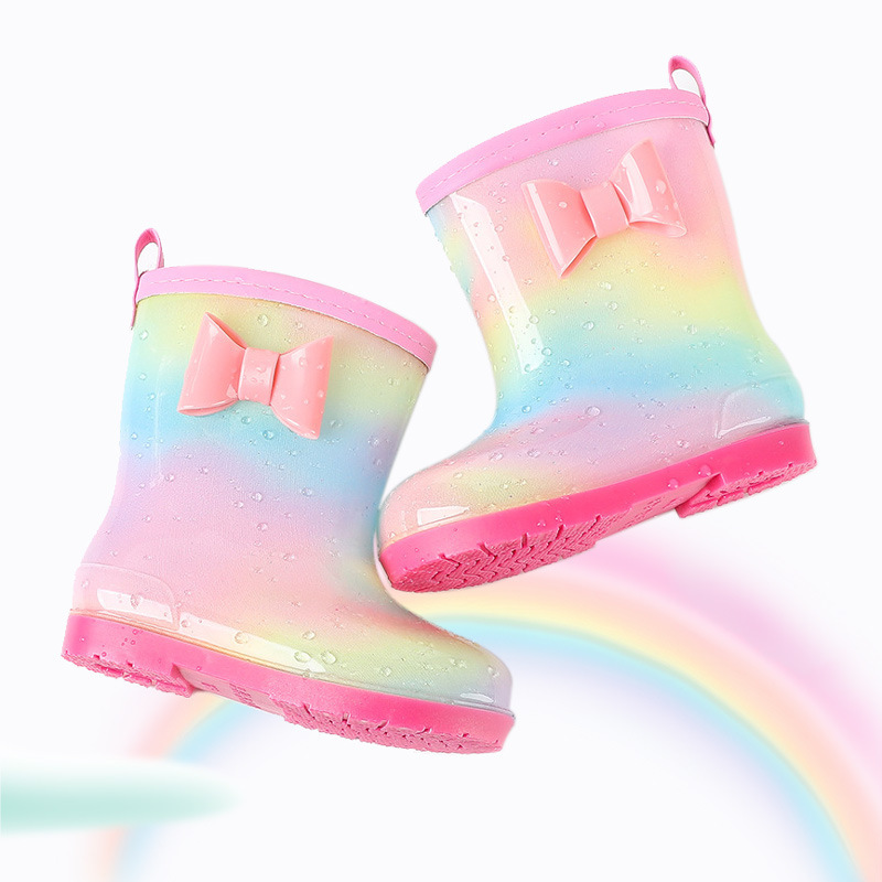 Children's rain boots girls' cute bow PVC non-slip comfortable mid-calf fleece-lined warm rain boots baby water shoes