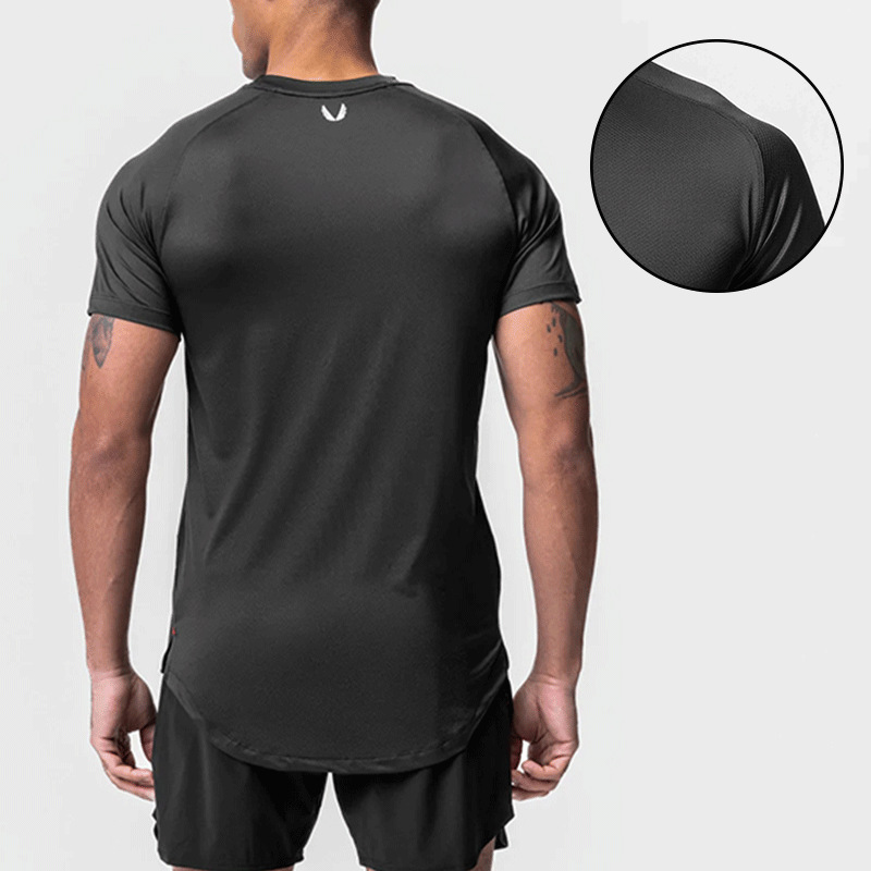 Summer men's T-shirt European and American youth mesh quick-drying short-sleeved men's high elastic front short back long sports bottoming top