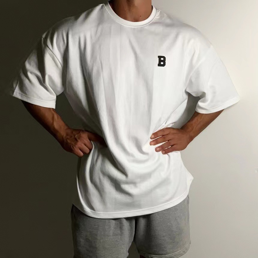 Large Size Loose Short Sleeve Men's Muscle Shoulder Half Sleeve Summer Sports Fitness Top 230g Cotton Heavy Weight T-shirt