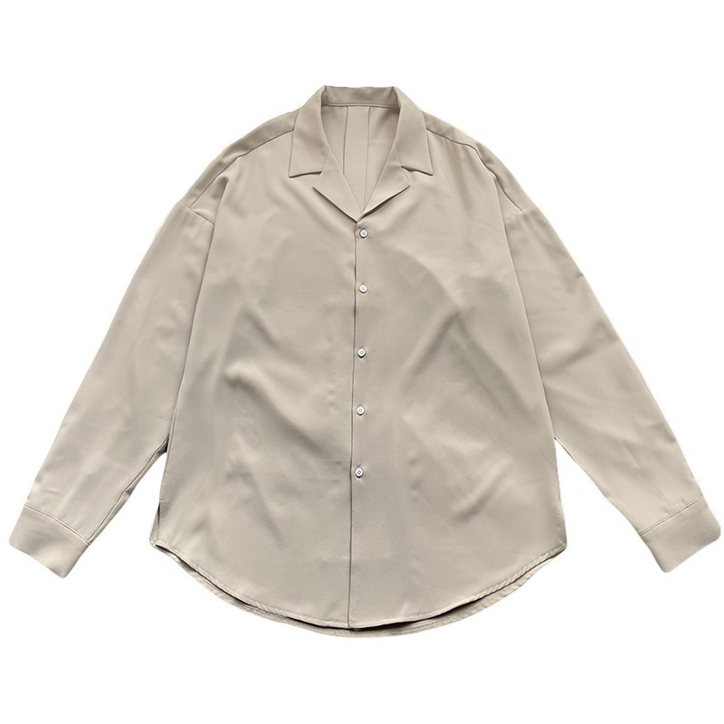 Cuban collar apricot shirt men's long sleeve light familiar high-grade ice silk ruffle handsome lazy wind non-ironing draping white shirt