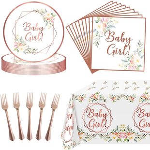 Baby Shower Tableware Plate Baby Girl Party Supplies Disposable Paper Plate Tissue Tablecloth Flag Knife, Fork and Spoon Tableware