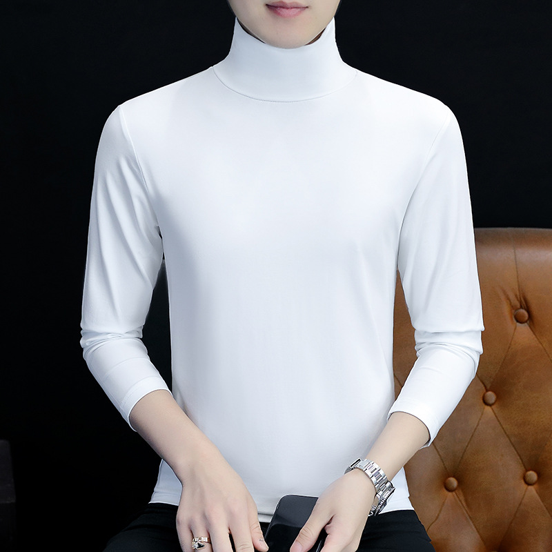 Autumn and winter fleece-lined thick solid color long sleeve T-shirt men's high collar men's base shirt warm men's clothing manufacturers