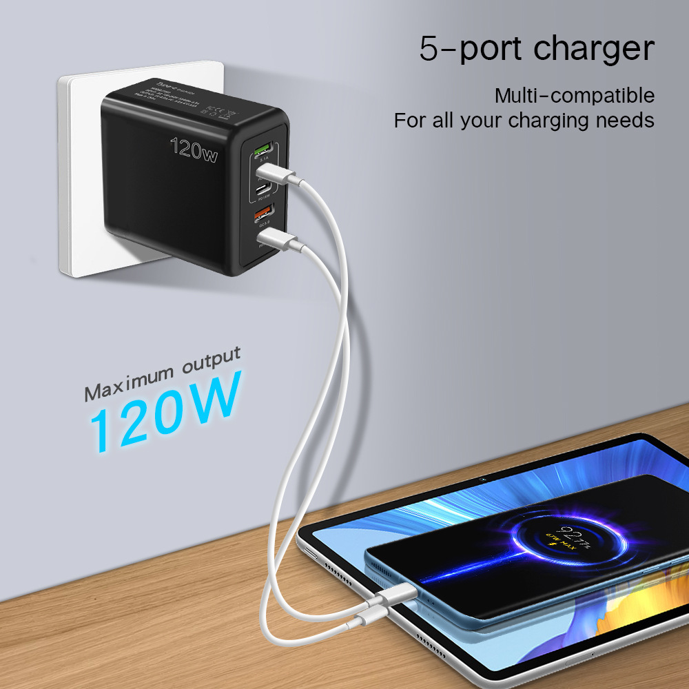 CE certification 120W mobile phone fast charging head Type-C European and American British standard PD + USB multi-port adapter tablet charger