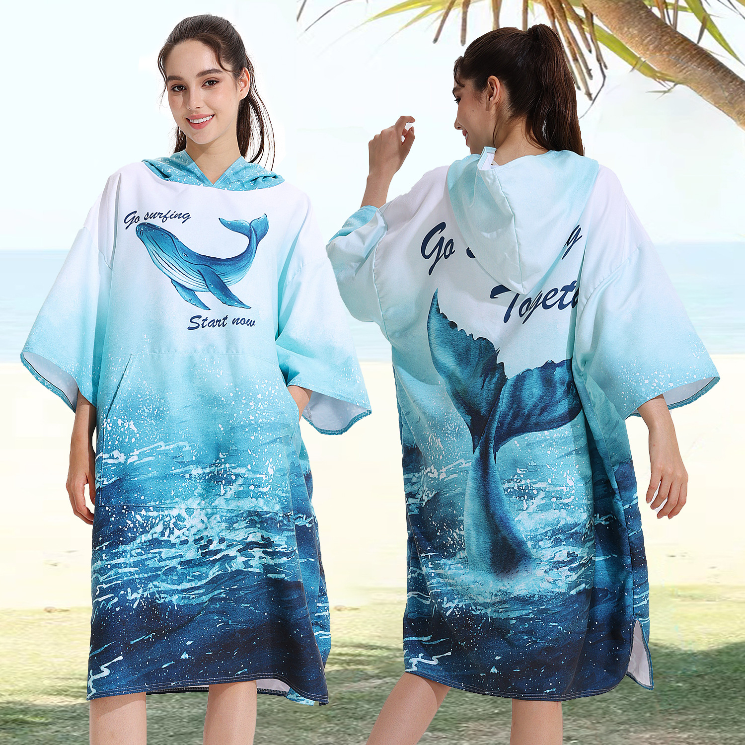 Amazon Tume Hipped Cross-border Quick-dry Beach Swimming Hooded Bath Towel Poncho Zipper Surf Changing Bathrobe