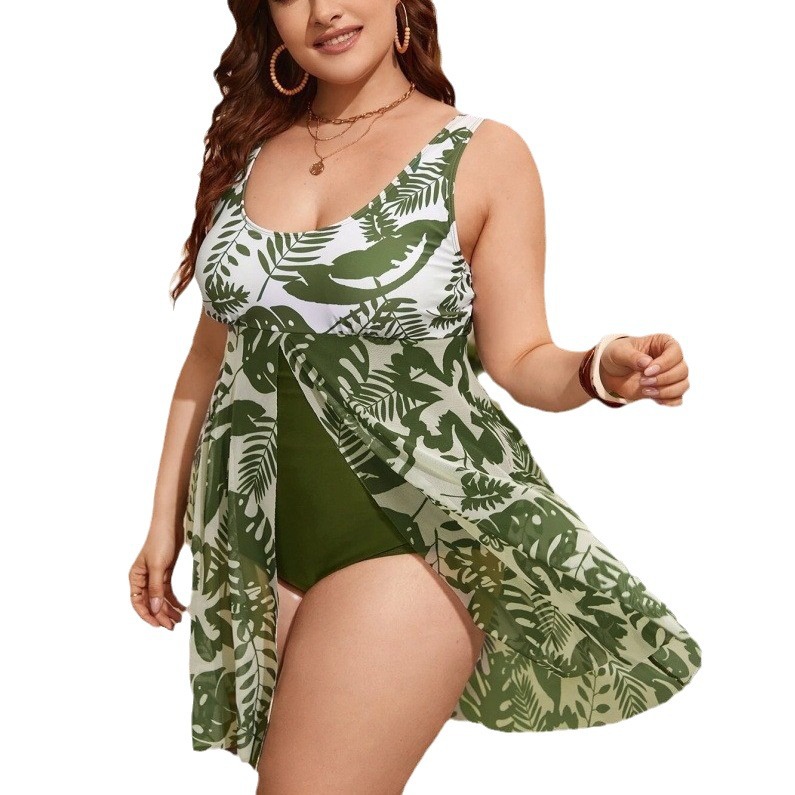 European and American New 2023 Amazon plus size plus size cover belly slimming conservative digital printing skirt split bikini