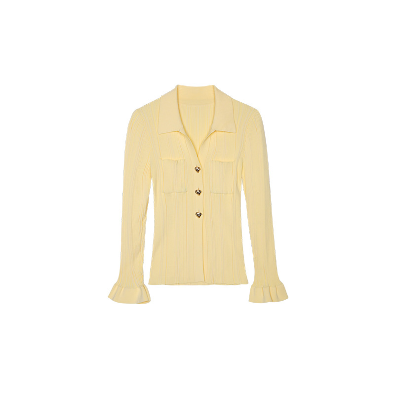 [Nouveauté le 21/03] Nouveau design Sense Split Knitted Jacket Cardigan jaune clair au printemps 2024_voghion.com