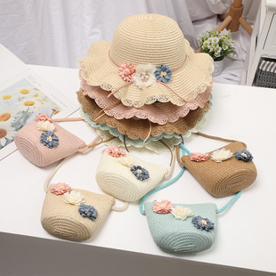Chapeau de paille pour fille, chapeau d'été en ruban de paille, chapeau pare-soleil à fleurs, chapeau de pêcheur, ensemble de sacs de protection solaire parent-enfant_voghion.com