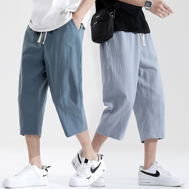 Cropped pants trendy men's casual pants men's summer thin loose men's Korean version of large size cotton and linen men's wholesale