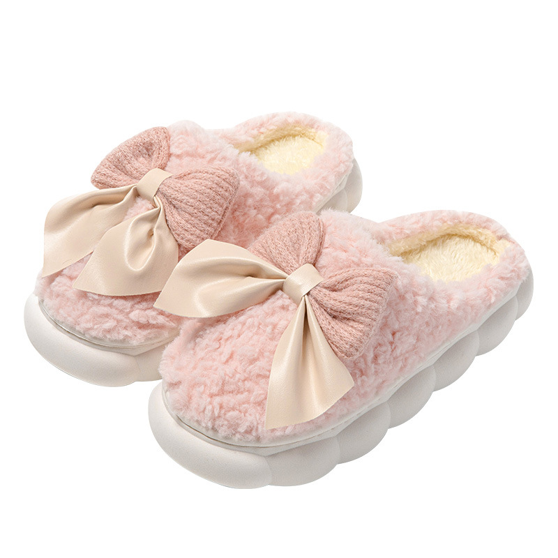 Women's Cotton Slippers Women's Outer Wear Bow Slippers Autumn and Winter Warm Women's Thick Bottom Non-Slip Home Plush Slippers
