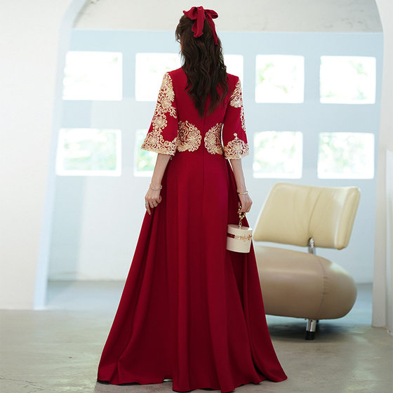 plus size Toast Dress Bride Summer Wedding Engagement Dress Chinese Xiuhe Dress wine red Long Toast Dress 2002