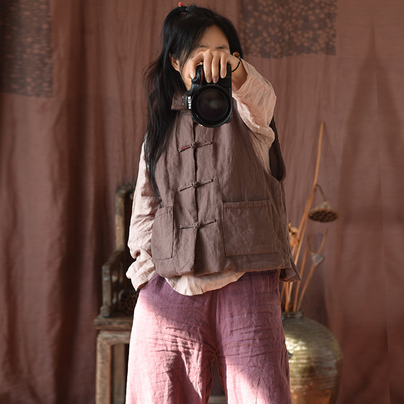 Simo/vêtements pour femmes en coton et lin faits maison gilet en coton à boucle en lin lavé au sable de haute qualité gilet en coton à enroulement rétro_voghion.com