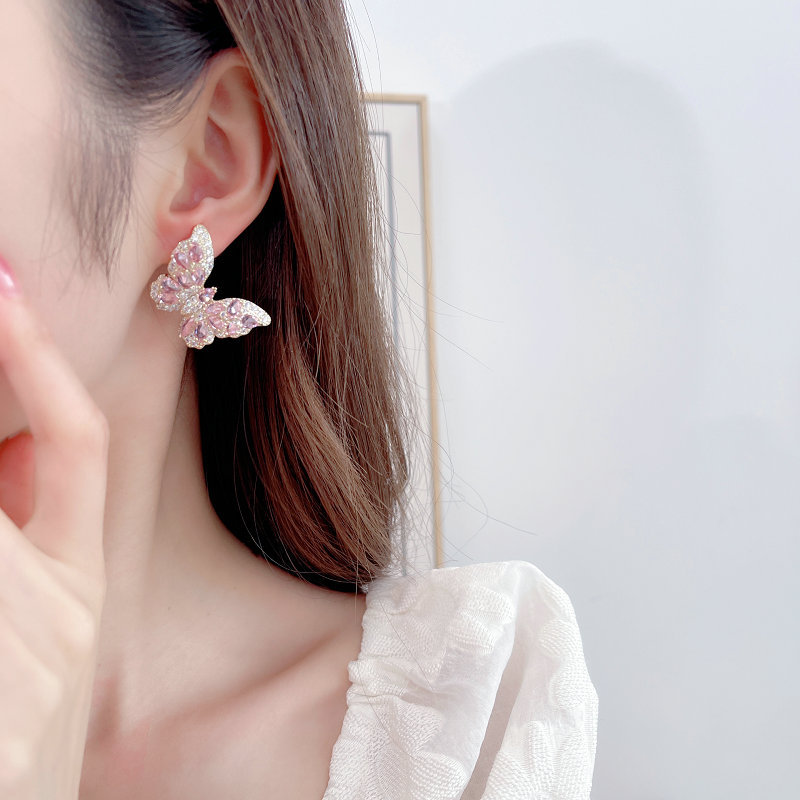 New European and American Earrings Heavy Industry High-grade Color Zircon Earrings Women's Atmospheric s925 Silver Needle Three-dimensional Butterfly Earrings