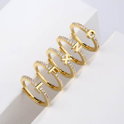 HECHENG jewelry new micro inlay letter ring 26 English letter zircon ring opening adjustable