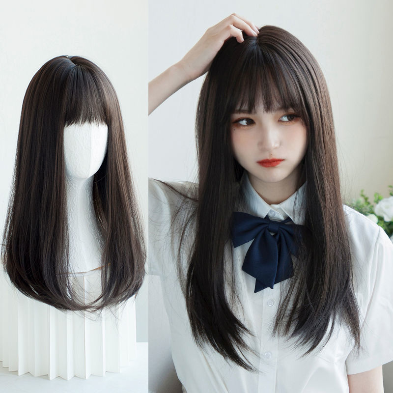 かつらの女性の中で長い髪の日本の丸い顔の空気の前髪の長いまっすぐな髪のかわいいjkの少女の自然なリアルな全体のカバー式|undefined