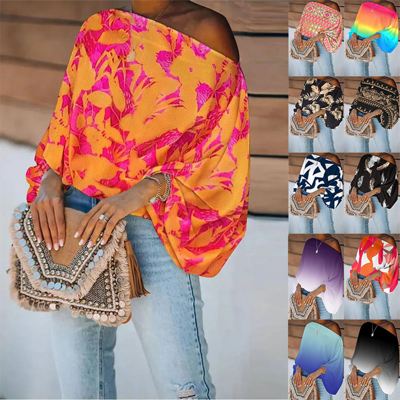2022 Cross-border Foreign Trade Amazon AliExpress New European and American Women's Casual Fashion Slant Shoulder Loose Top