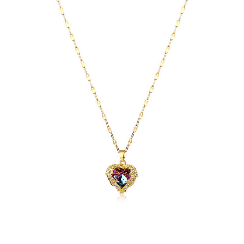 Titanium Steel Ocean Heart Titanium Steel Necklace Women's Full Diamond Colorful Crystal Pendant Clavicle Chain Trend Short Sweater Chain -319