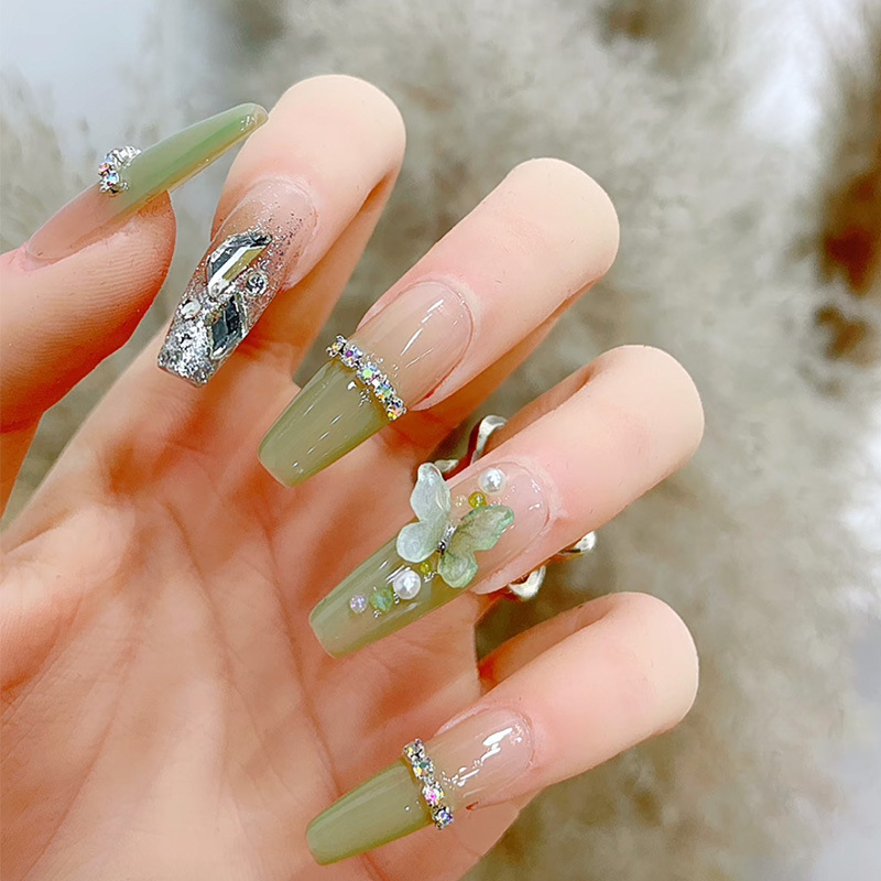 夏日小清新蝴蝶飛舞穿戴甲長款假指甲成品美甲貼片指甲貼片nails