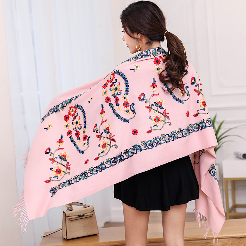 Autumn and Winter Explosions Flower Embroidered Cashmere Scarf Women's Ethnic Style Embroidered Shawl Thickened Warm Tassel Scarf for Women