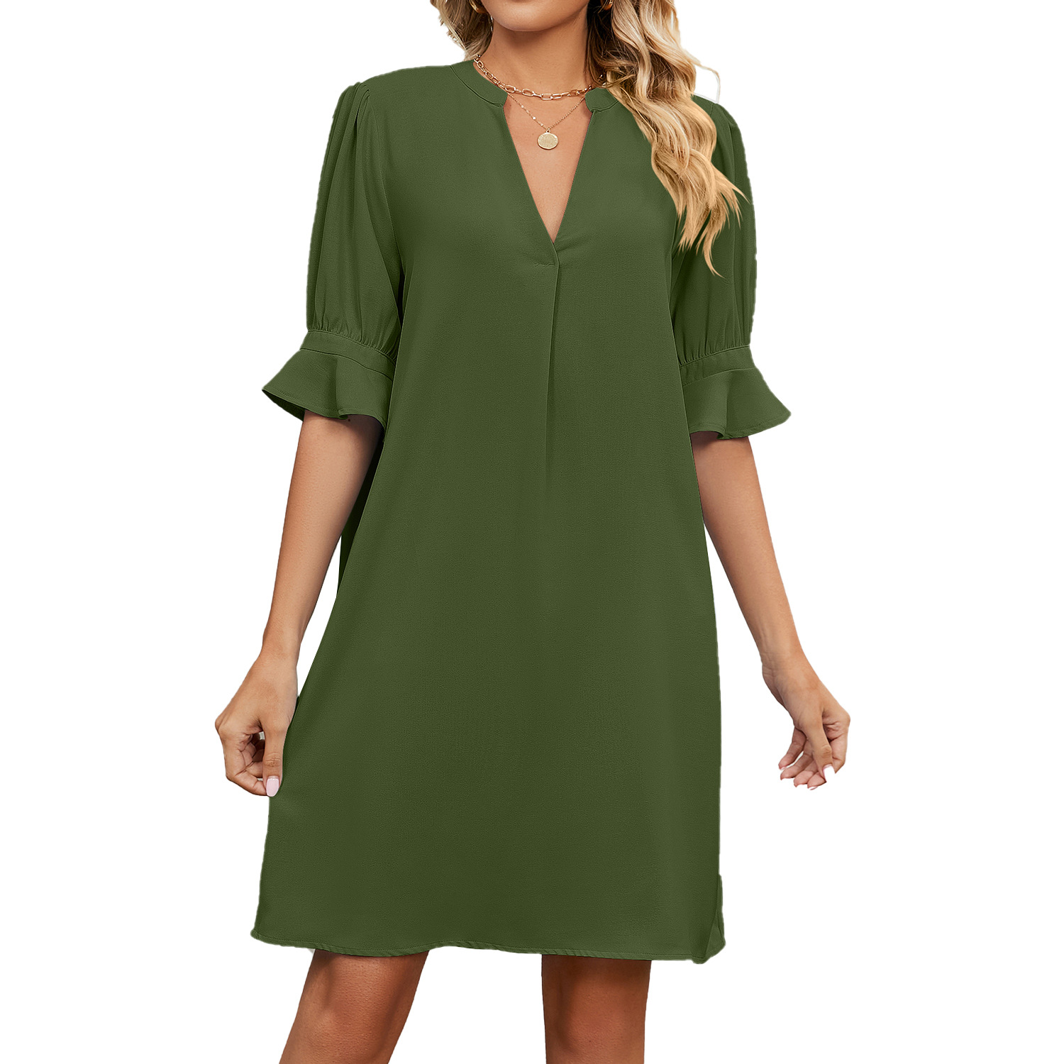 Amazon 2023 European and American Cross-border Foreign Trade Summer New Solid Color V-neck Loose Pleated Half Sleeve Dress for Women