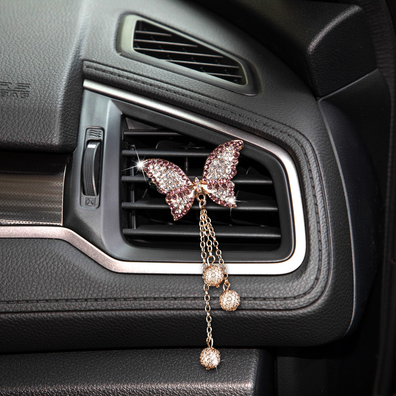 Cross-border Trade Car Air Outlet Aromatherapy Decoration Clip Aroma Cute Diamond Rhinestone Butterfly Tassel Rhinestone Full Diamond