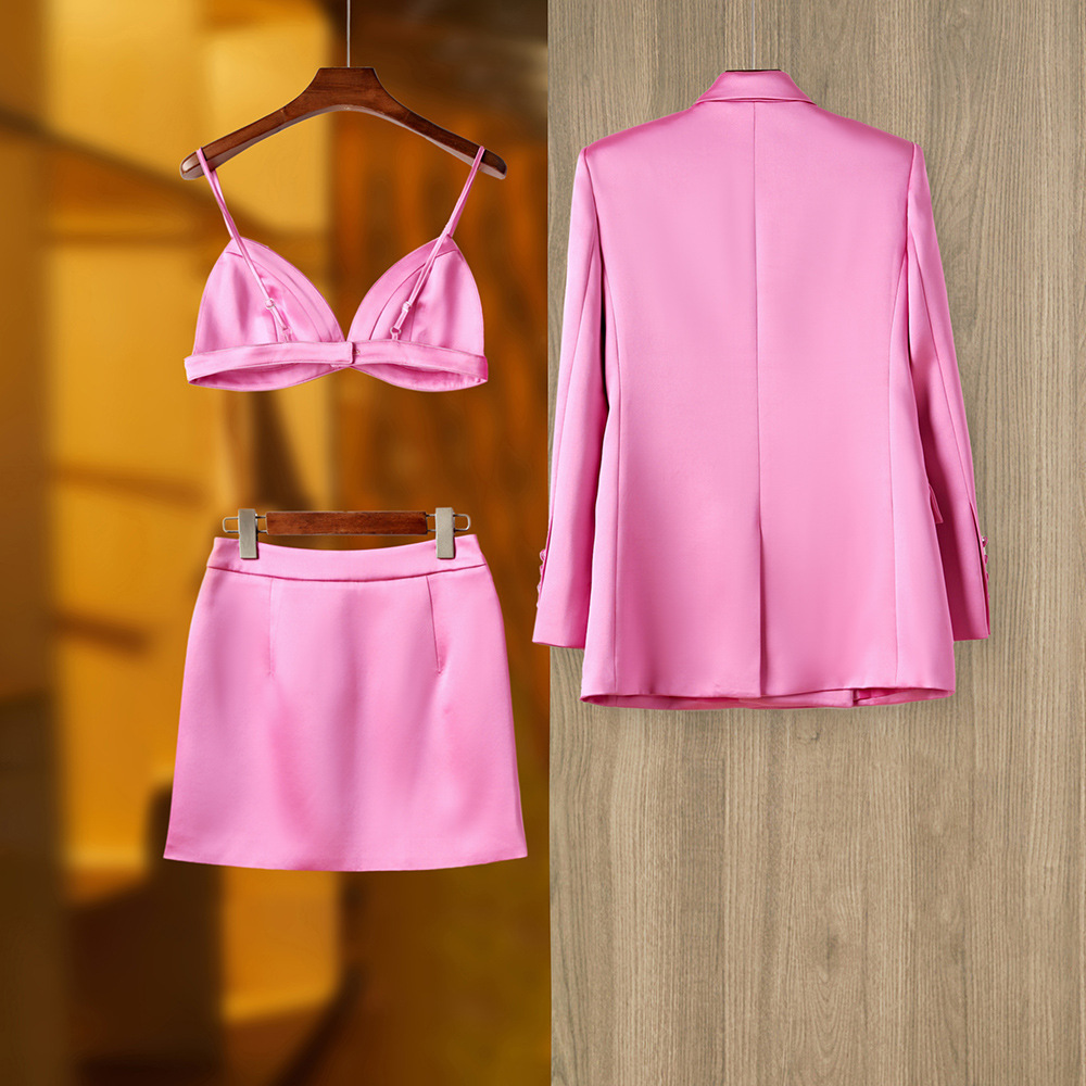 High-end French Retro Spring and Summer Sanding Bright Noodles Niche Design Suit Jacket Vest Skirt Three-piece Set_voghion.com
