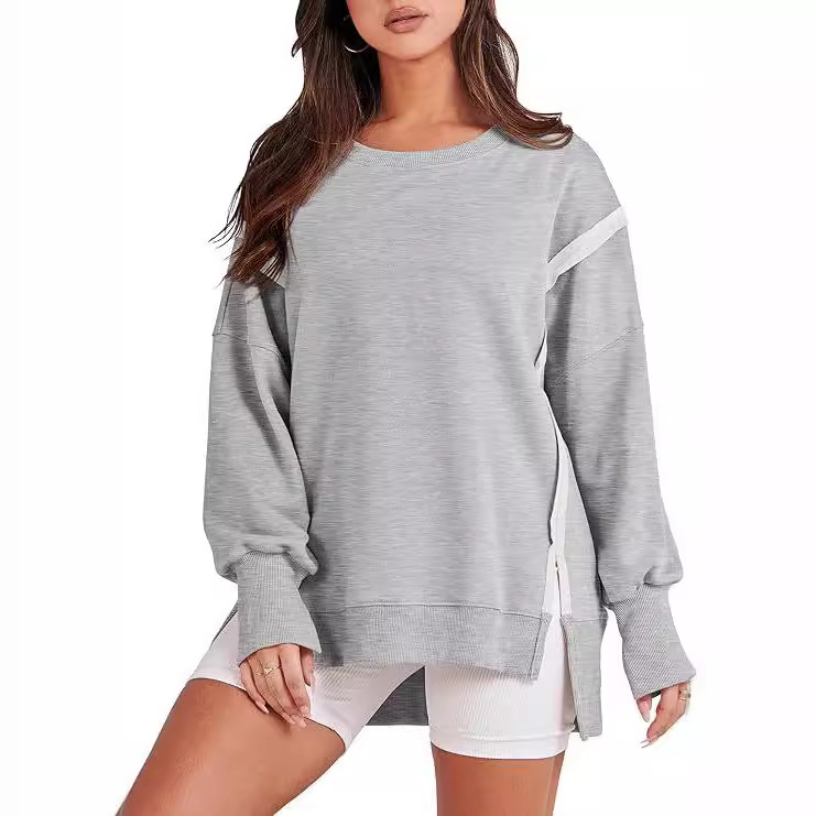 Amazon 2024 foreign trade Europe and the United States new round neck long sleeve top women's burr split stitching sweater cross-border women's clothing