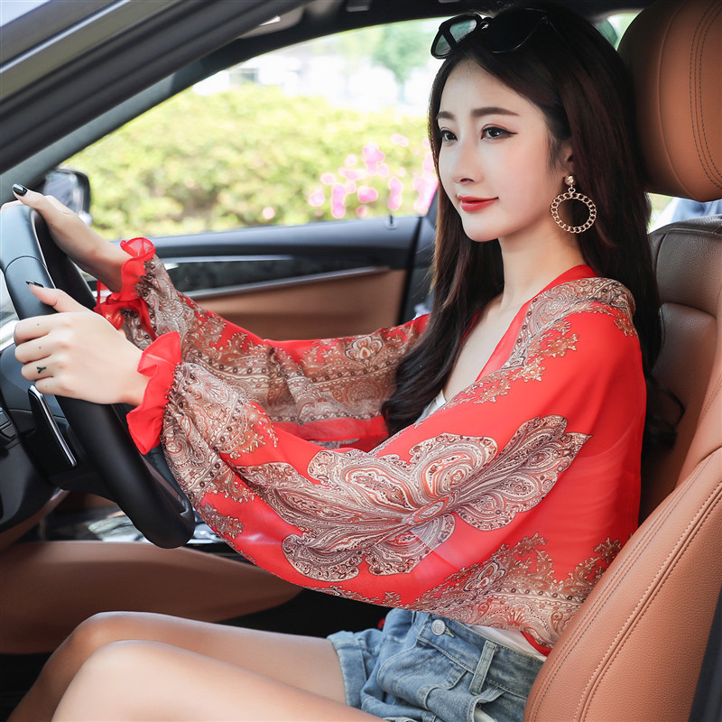 Korean Style Flower Sunscreen Shawl Women's Fashionable Chiffon Printed Outdoor Driving Riding Thin All-match Sleeve Shawl
