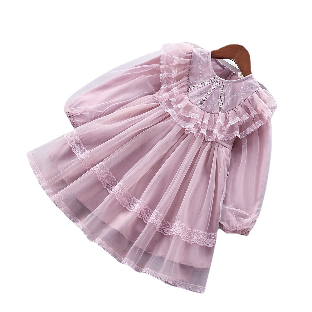 Spring and Autumn Girls' Dress Long-sleeved Korean Style Children's Wear Large-size Children's Lace Poncho Dress Children's Princess Dress