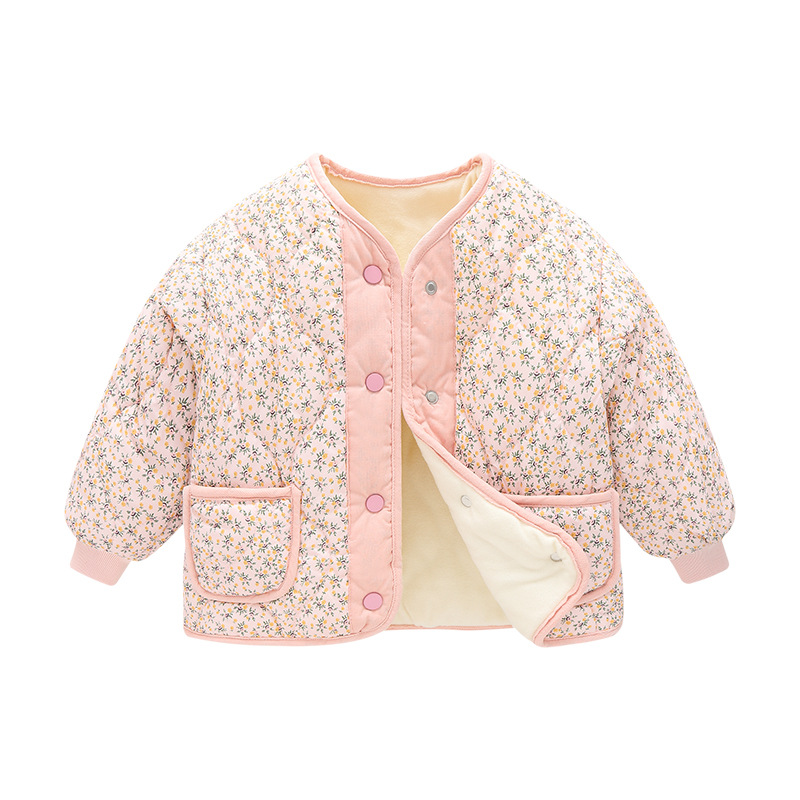 Girls' autumn and winter fleece-lined Korean floral quilted corduroy Western style liner cotton-padded jacket children's ethnic style down cotton-padded jacket