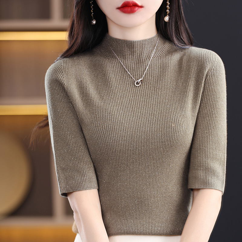 2023 Spring Knitwear Sweater Women's Slim-fit Half-turtleneck 5 Five-point Sleeve Base Sweater Women's Factory Batch