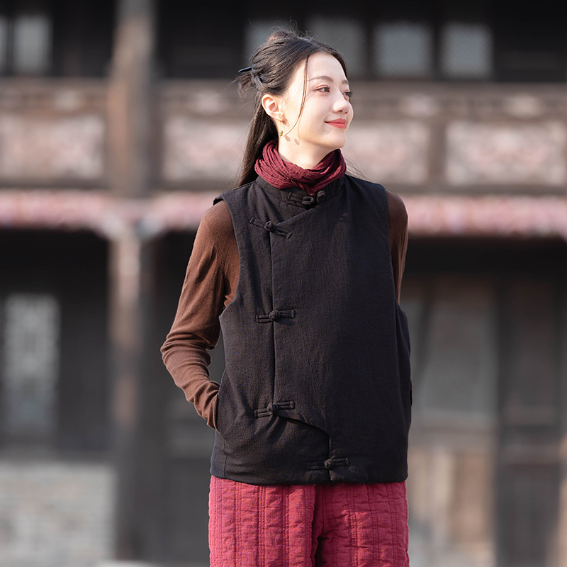 23 cotton and linen women's clothing New National style vintage buckle cotton vest top women's sand wash linen quilted warm vest_voghion.com