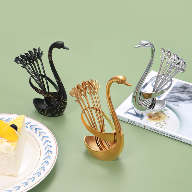 Stainless Steel Fruit Fork Cake Mooncake Fork Sign Dessert Coffee Spoon Creative Swan Base Combination Set