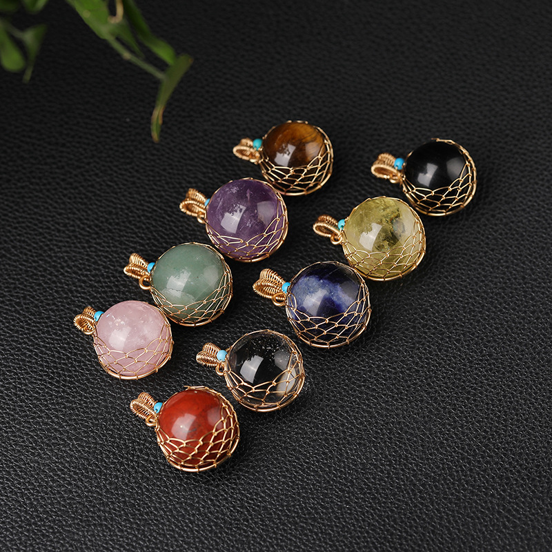 Wholesale natural crystal ball pendant multi-material hand-woven necklace jewelry stone polished cross-border hot sale