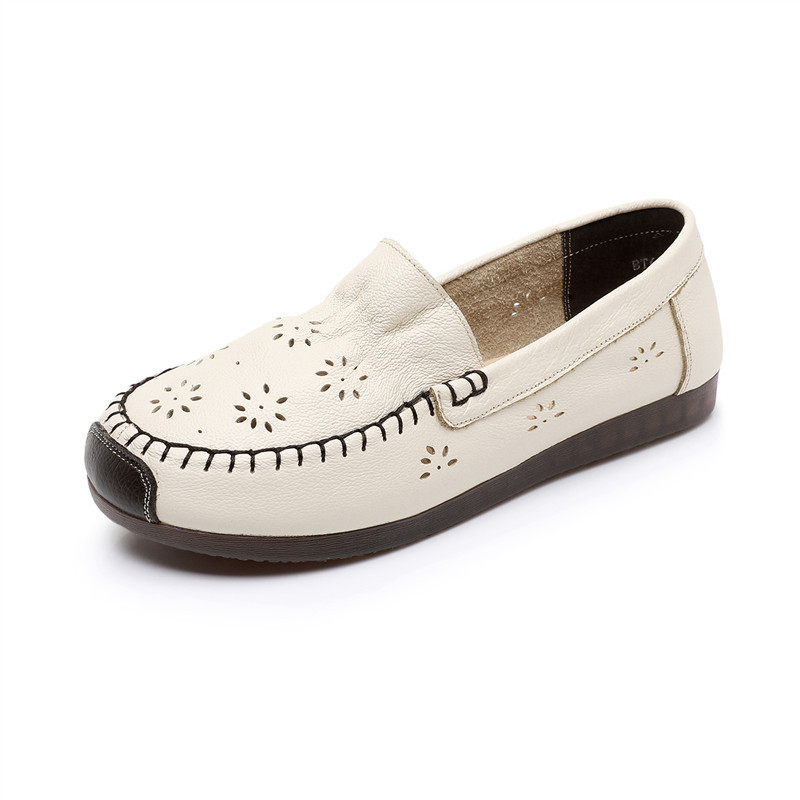 Vintage Handmade Soft Cowhide Comfortable Soft Bottom Mother Shoes Single-Layer Shoes Hollow Women's Shoes Large Size Wide Running Women's Shoes 6128