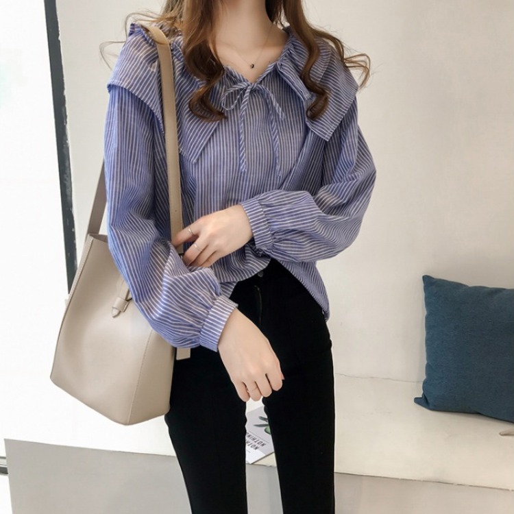 Women's New Korean Style Doll Collar Large Size Striped Shirt Women's Loose Top Hong Kong Style Long Sleeve Shirt
