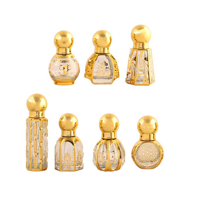 Middle East Glass Essential Oil Bead Bottle Metal Transparent Perfume Bottling Bronzing Plating Process Factory Wholesale