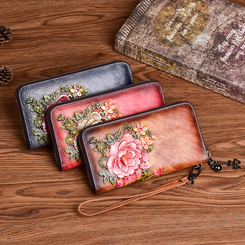 Live Daifa New Style Retro Chinese Style Wallet Top Layer Cowhide Small Handbag Multi-Card Long Zipper Clutch