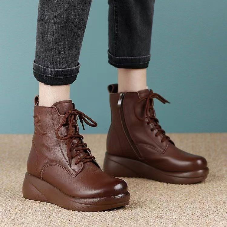 Soft leather Martin boots for women 2023 autumn and winter mom New Korean style fleece-lined snow boots slip-resistant thick bottom ankle boots for women