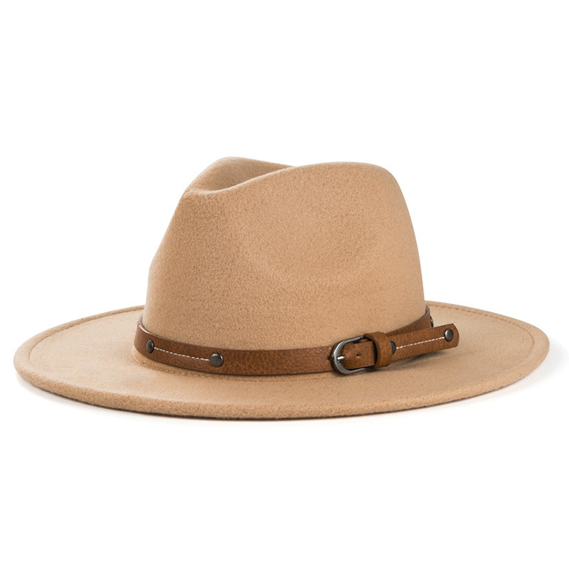 Cross-border British retro woolen hat men's and women's monochrome belt metal buckle felt hat simple big brim jazz cowboy hat